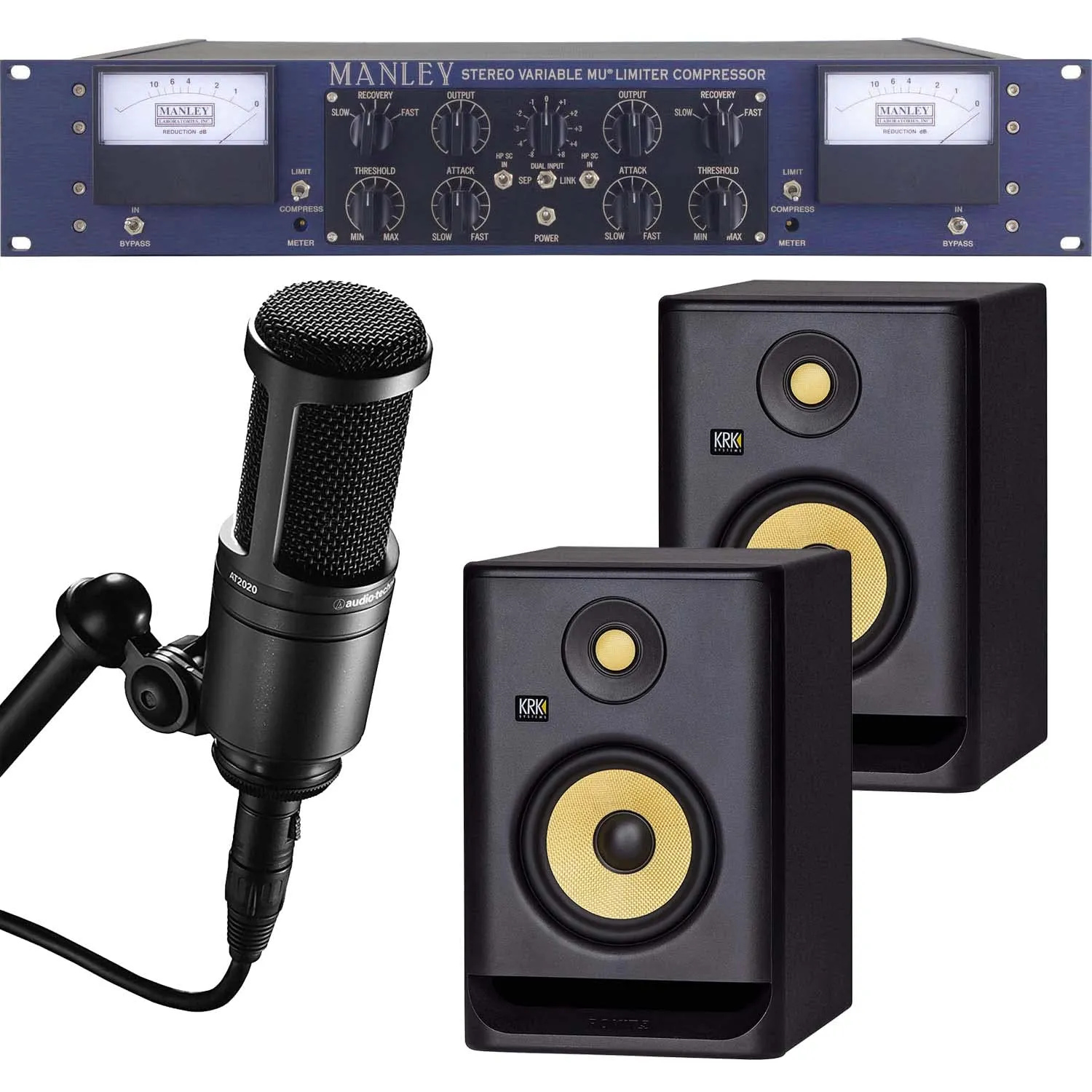 Manley Variable Mu Stereo Compressor Limiter, (2) KRK RP5G4 Studio Monitors, AT2020 Mic Bundle