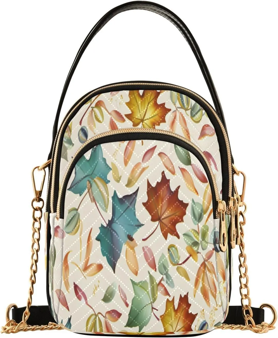 Maple Leaves on Cream Background Small Crossbody Bag Functional Multi Pocket Bag Shoulder Handbag