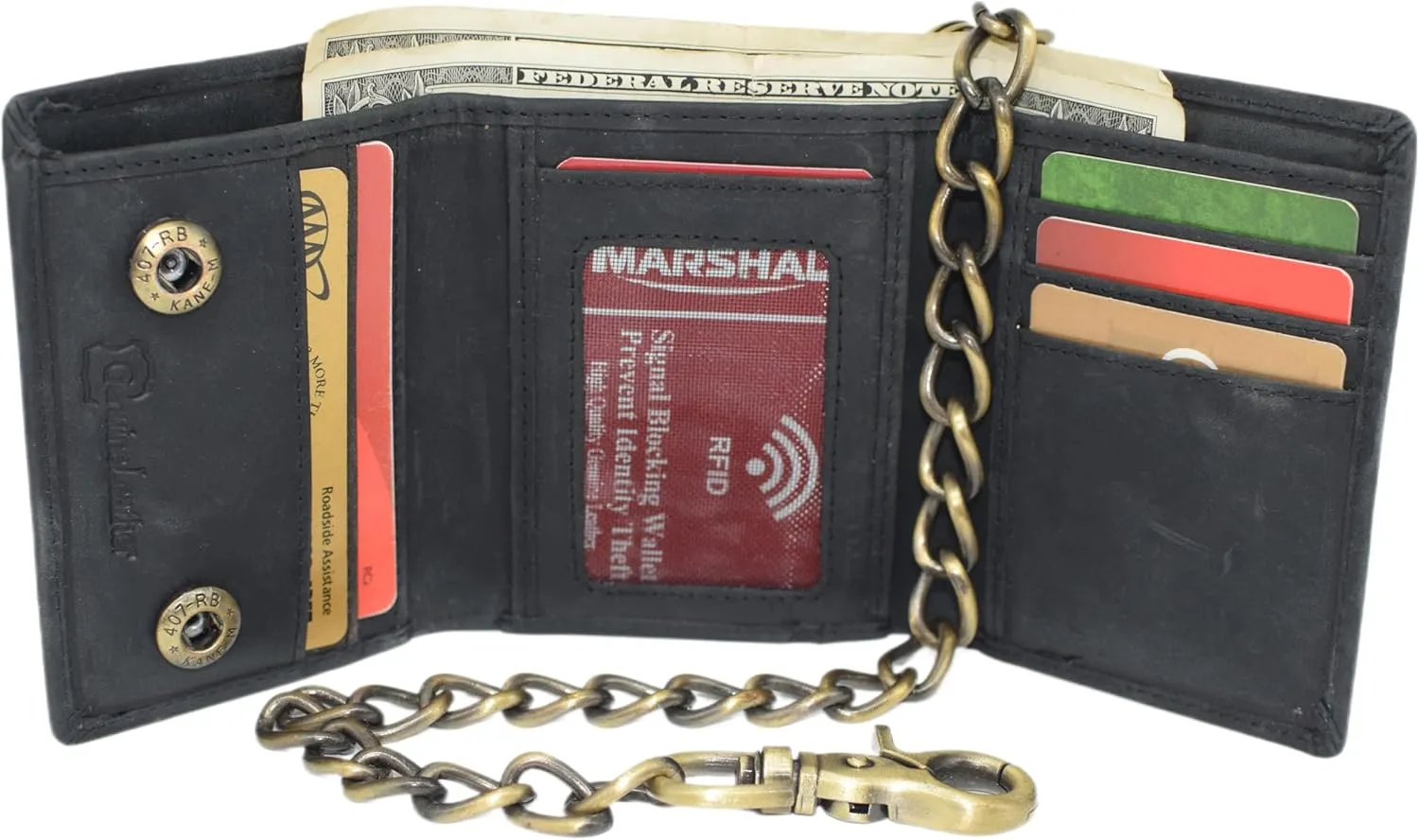 MARSHAL Men’s RFID Blocking Trifold Leather Chain Wallet – Bull Rider Western Cowboy Design – Snap Closure Wallet (Black)