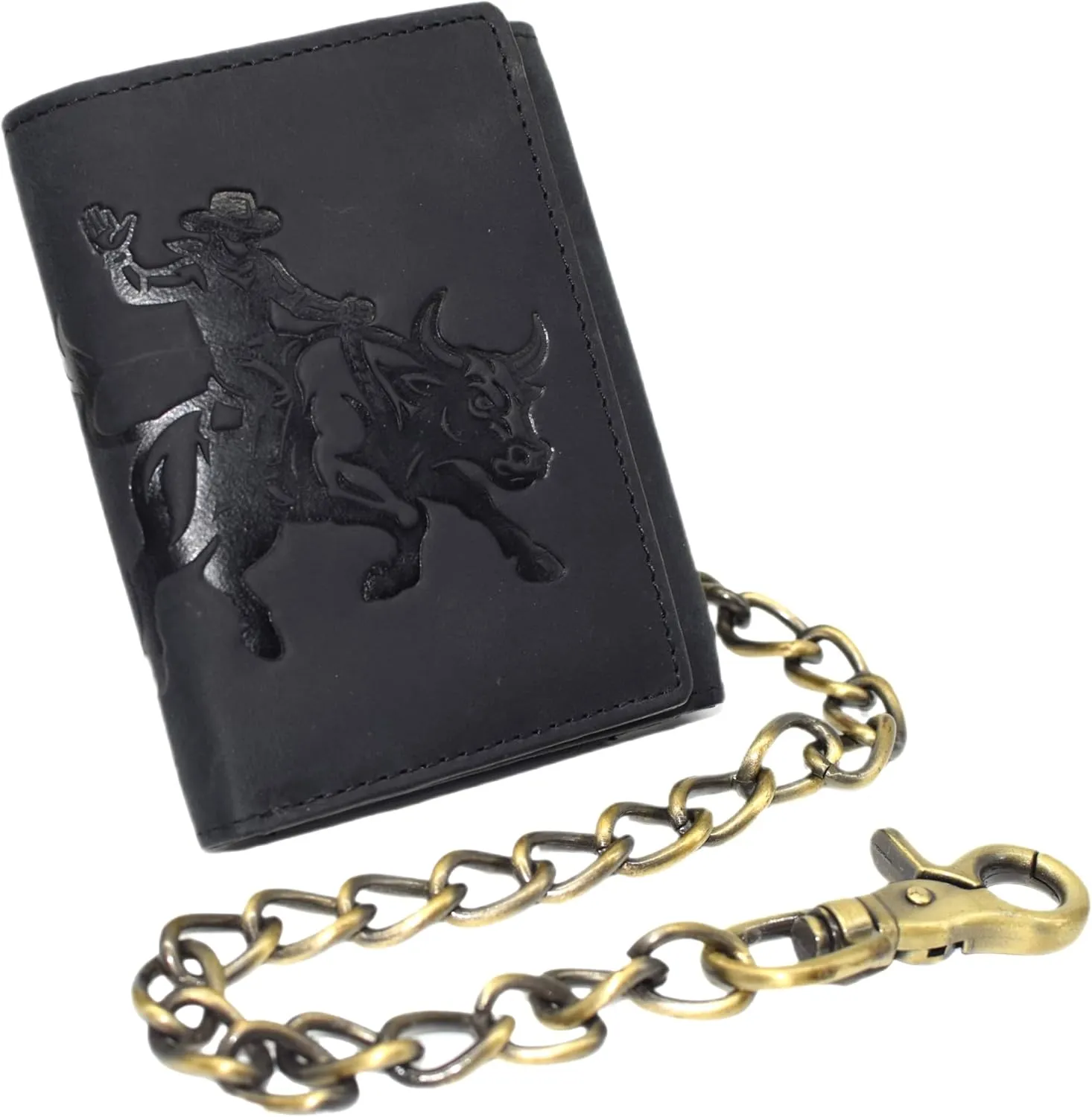 MARSHAL Men’s RFID Blocking Trifold Leather Chain Wallet – Bull Rider Western Cowboy Design – Snap Closure Wallet (Black)