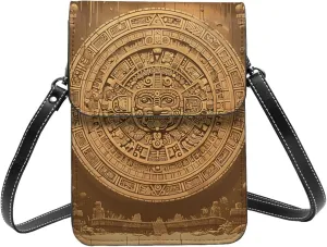 Mayan Calendar Sun Moon Geometric Time Brown Vintage Crossbody Cell Phone Purse For Women Teen Girls Leather Small Crossbody Bag Mini Phone Pouch Purse, 7.5x5.3 Inches