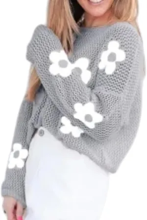 Melliflo Women's Big Flower Print Crochet Sweaters Hollowed Knit Drop Shoulder Tops Long Sleeve Crew Neck Graphic Sweaters
