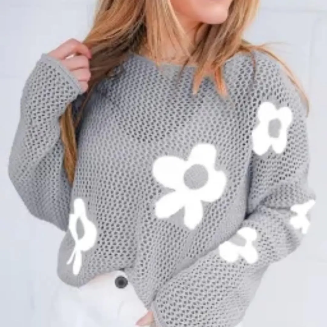 Melliflo Women's Big Flower Print Crochet Sweaters Hollowed Knit Drop Shoulder Tops Long Sleeve Crew Neck Graphic Sweaters