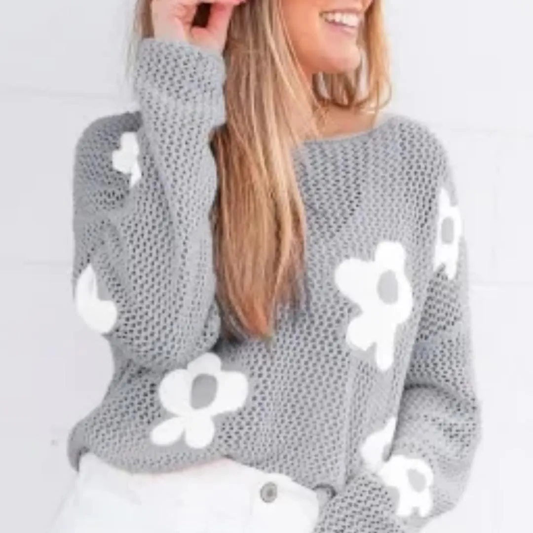 Melliflo Women's Big Flower Print Crochet Sweaters Hollowed Knit Drop Shoulder Tops Long Sleeve Crew Neck Graphic Sweaters