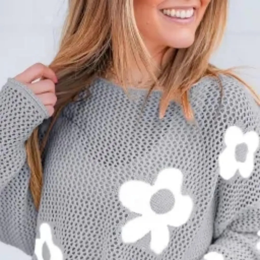 Melliflo Women's Big Flower Print Crochet Sweaters Hollowed Knit Drop Shoulder Tops Long Sleeve Crew Neck Graphic Sweaters