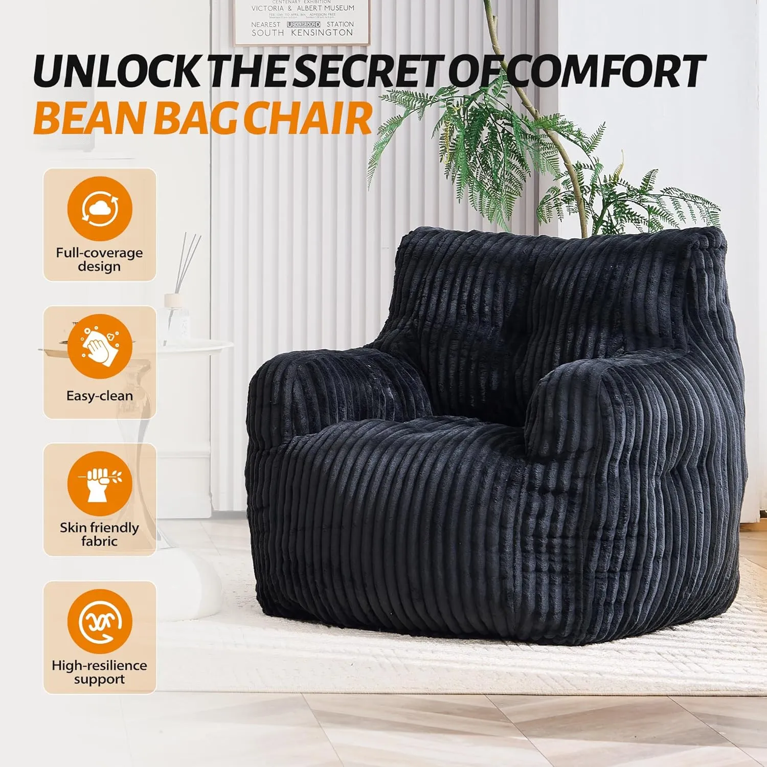 Memory Foam Bean Bag Chair, Lounger with Armrests, Ergonomic Back Support, for Adults & Kids in Living Room, Bedroom, Game Room, Black