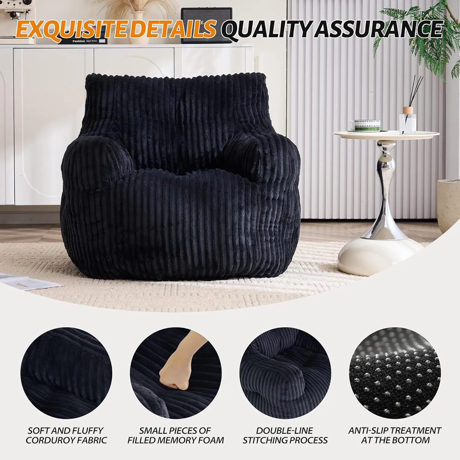 Memory Foam Bean Bag Chair, Lounger with Armrests, Ergonomic Back Support, for Adults & Kids in Living Room, Bedroom, Game Room, Black