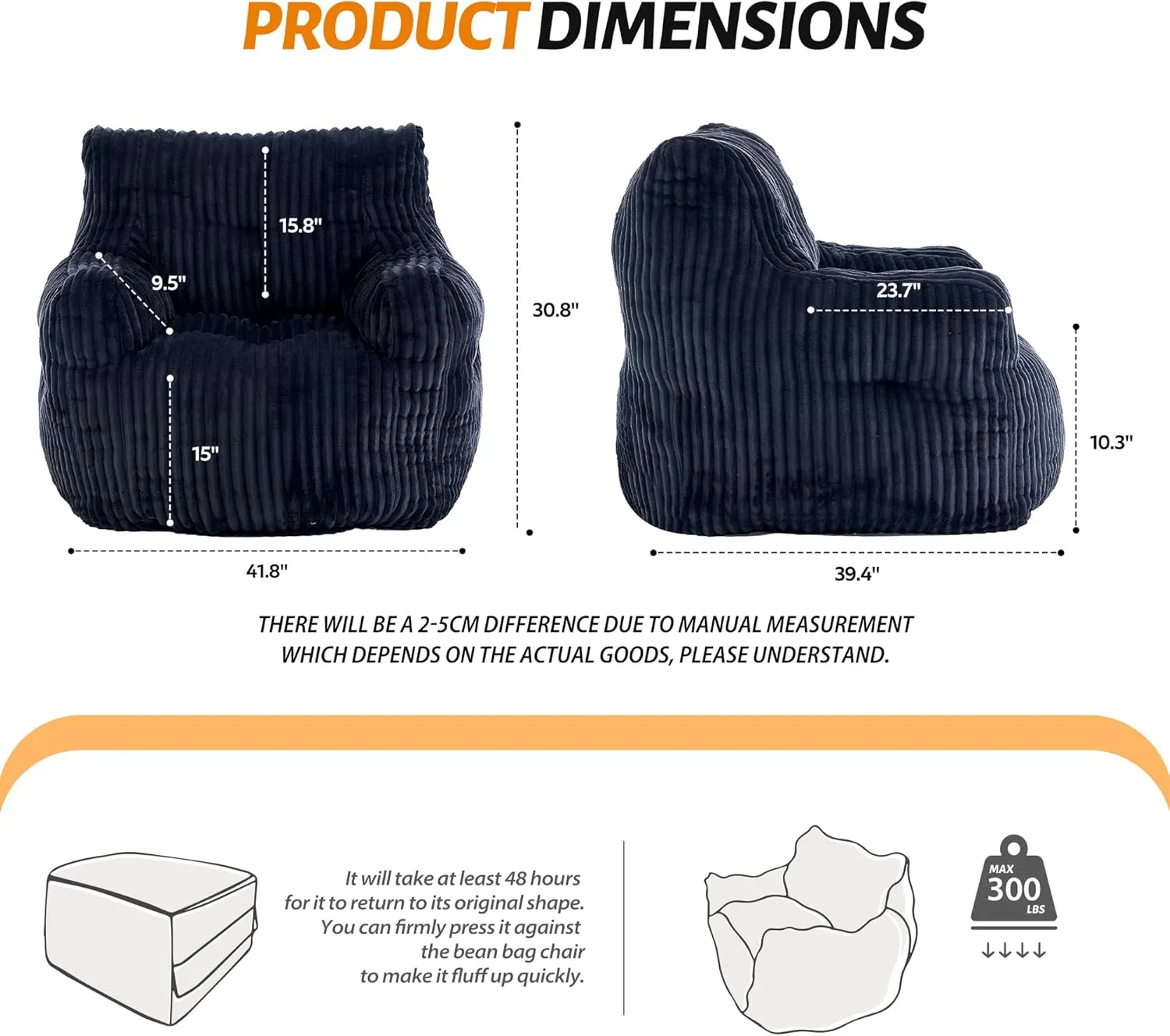 Memory Foam Bean Bag Chair, Lounger with Armrests, Ergonomic Back Support, for Adults & Kids in Living Room, Bedroom, Game Room, Black