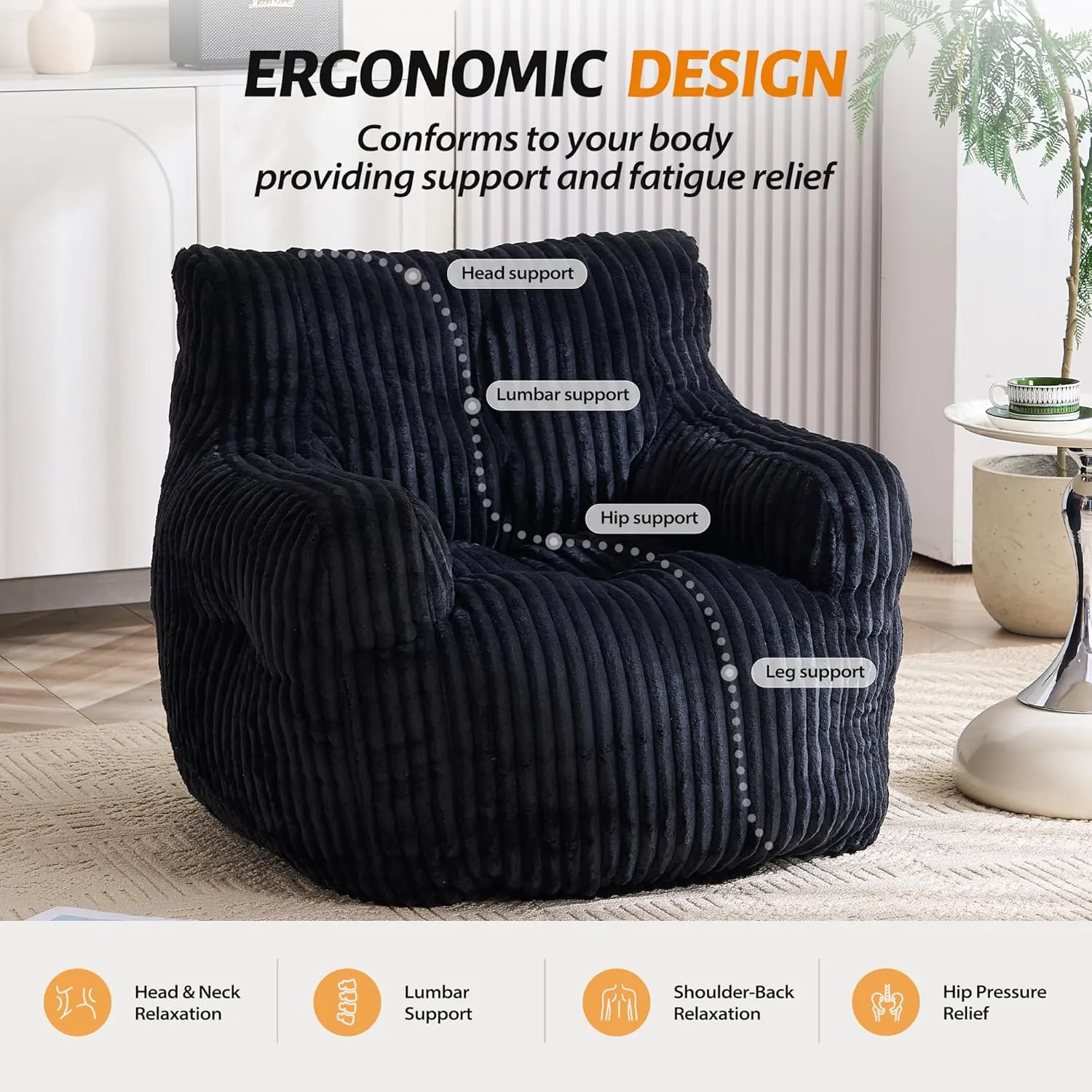 Memory Foam Bean Bag Chair, Lounger with Armrests, Ergonomic Back Support, for Adults & Kids in Living Room, Bedroom, Game Room, Black
