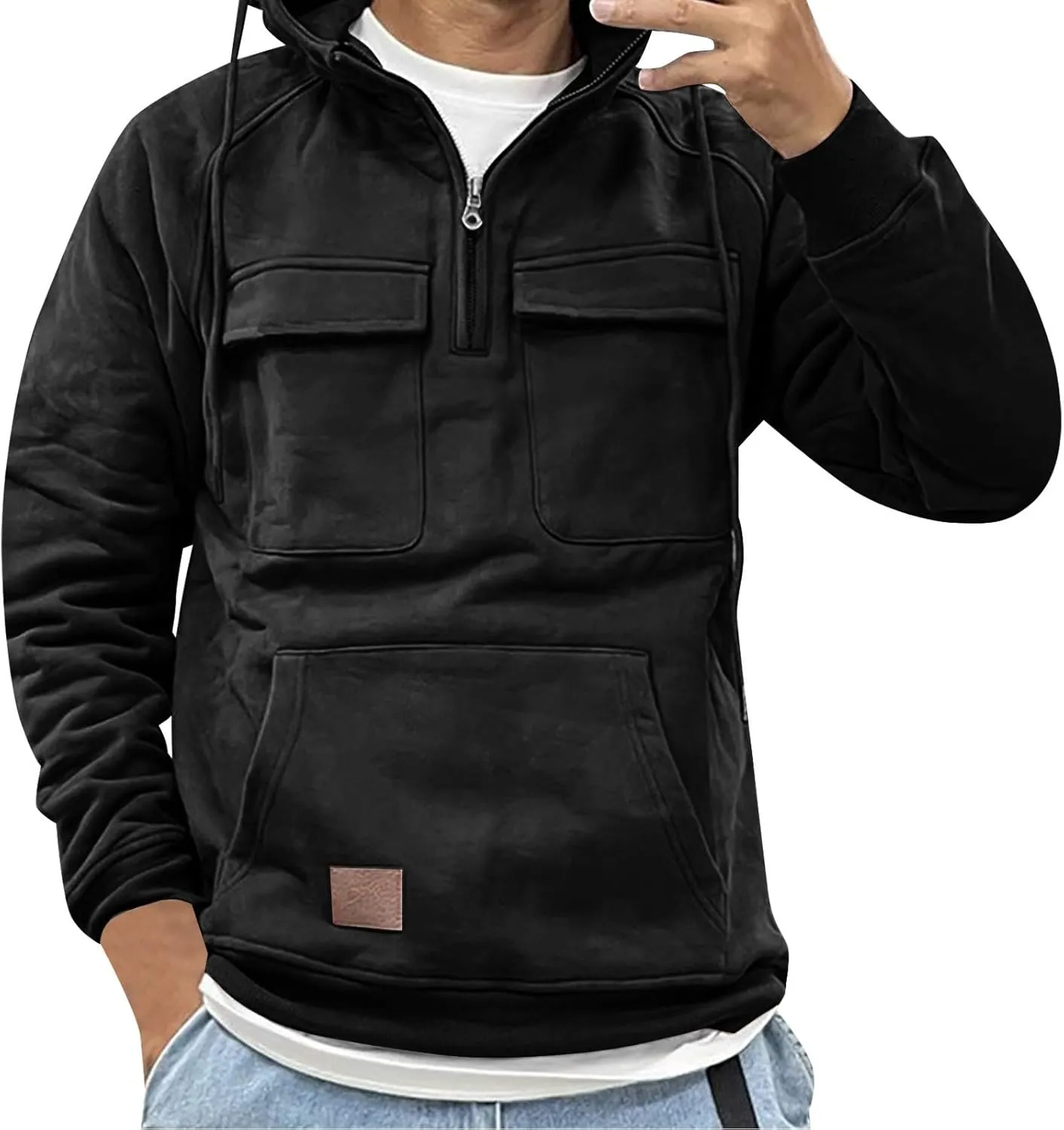 Men's Cargo Hoodies Long Sleeve Quarter Zip Tactical Sweatshirt with Multi Pockets Active Athletic Pullover Tops