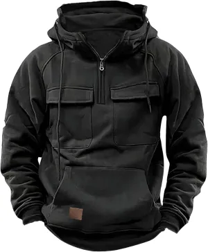 Men's Cargo Hoodies Long Sleeve Quarter Zip Tactical Sweatshirt with Multi Pockets Active Athletic Pullover Tops