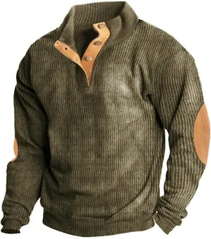 Mens Corduroy Shirts Casual Lapel Collar Button Up Pullover Mock Neck Long Sleeve Sweaters Casual Polo Sweatshirts