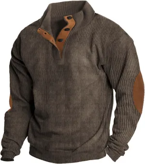 Mens Corduroy Shirts Casual Lapel Collar Button Up Pullover Mock Neck Long Sleeve Sweaters Casual Polo Sweatshirts
