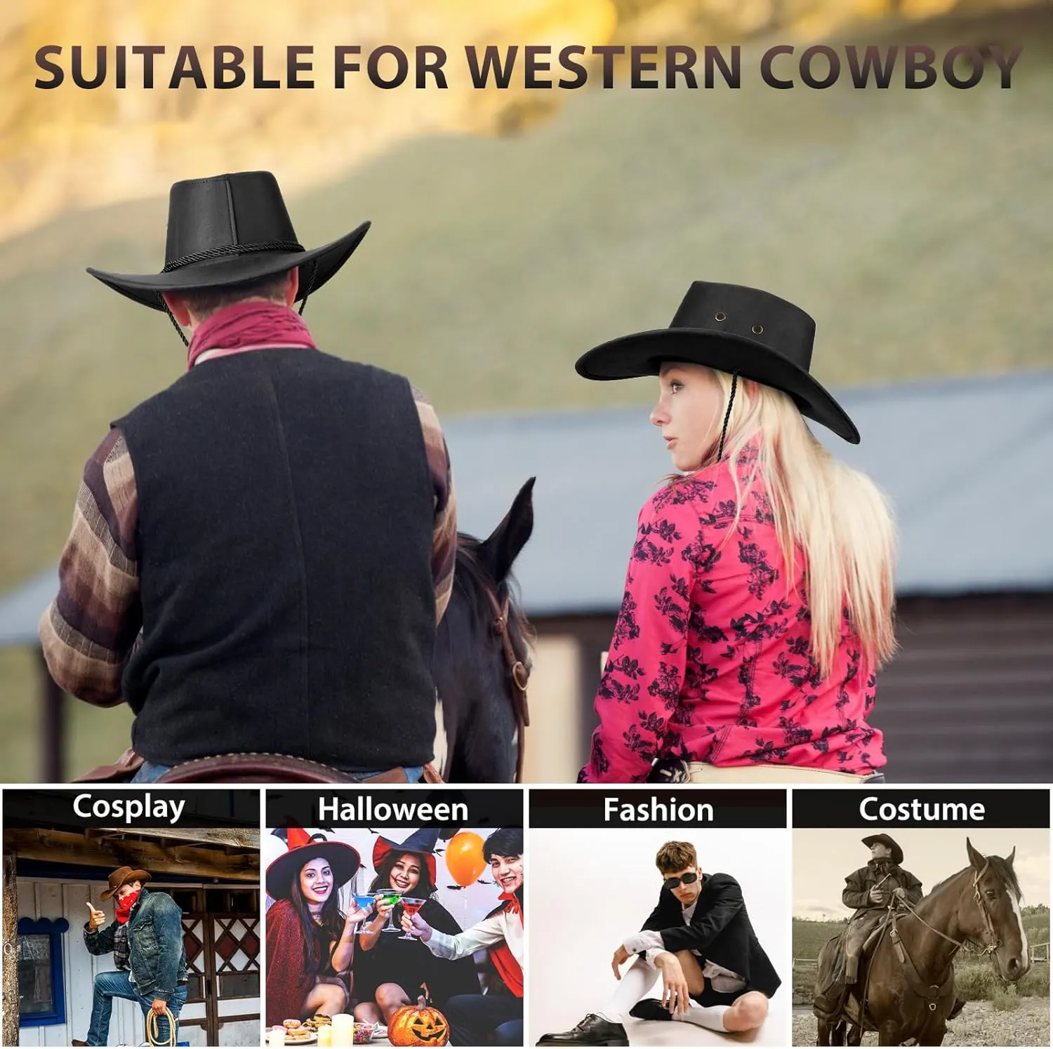 Mens Faux Felt Western Cowboy Hat Fedora Outdoor Wide Brim Hat with Strap