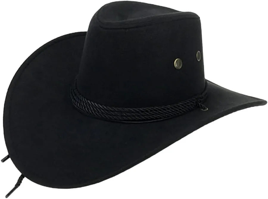 Mens Faux Felt Western Cowboy Hat Fedora Outdoor Wide Brim Hat with Strap