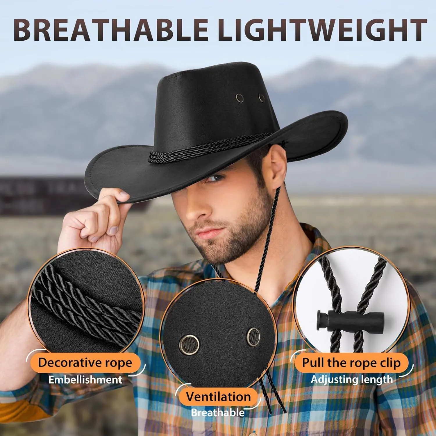 Mens Faux Felt Western Cowboy Hat Fedora Outdoor Wide Brim Hat with Strap
