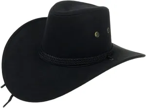 Mens Faux Felt Western Cowboy Hat Fedora Outdoor Wide Brim Hat with Strap