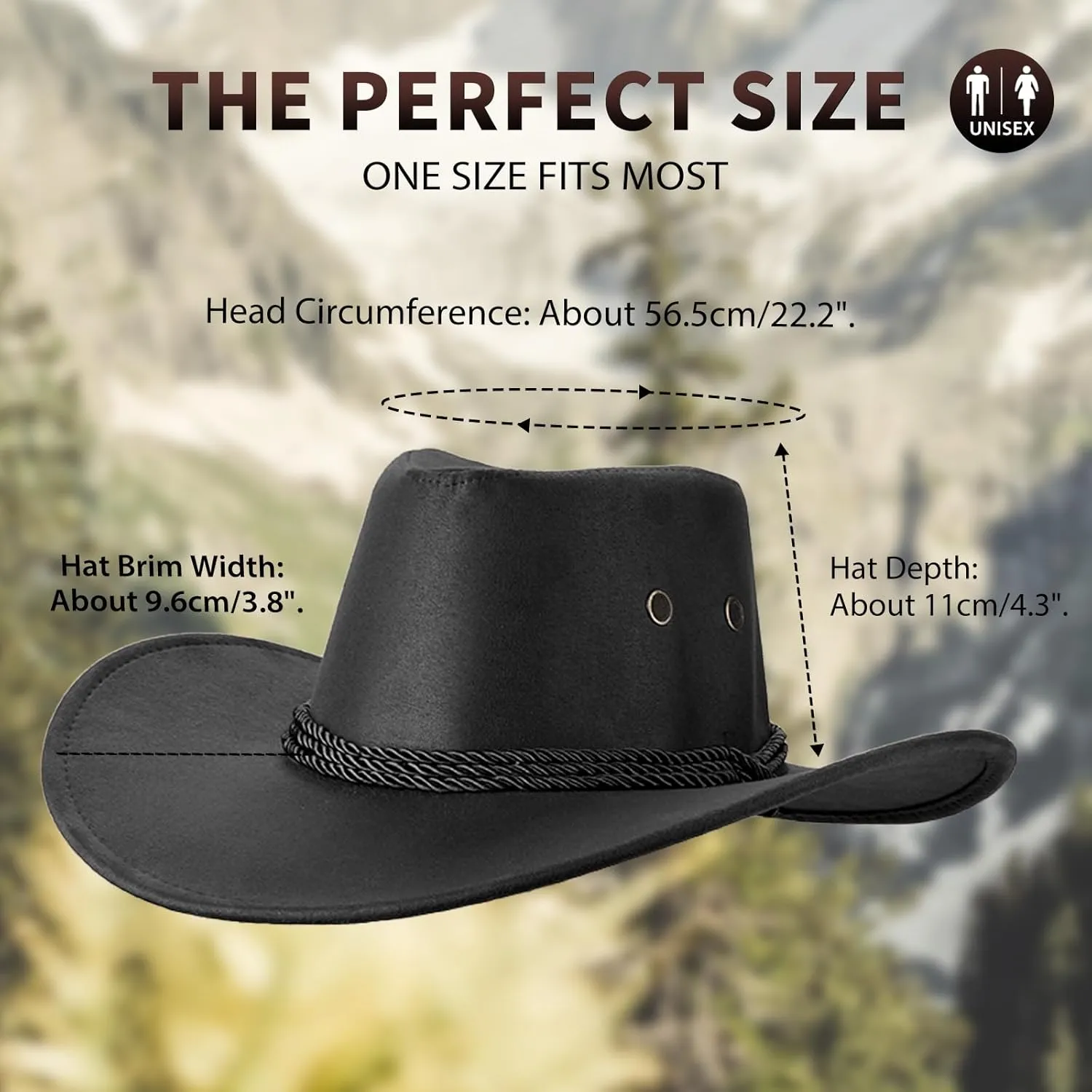Mens Faux Felt Western Cowboy Hat Fedora Outdoor Wide Brim Hat with Strap