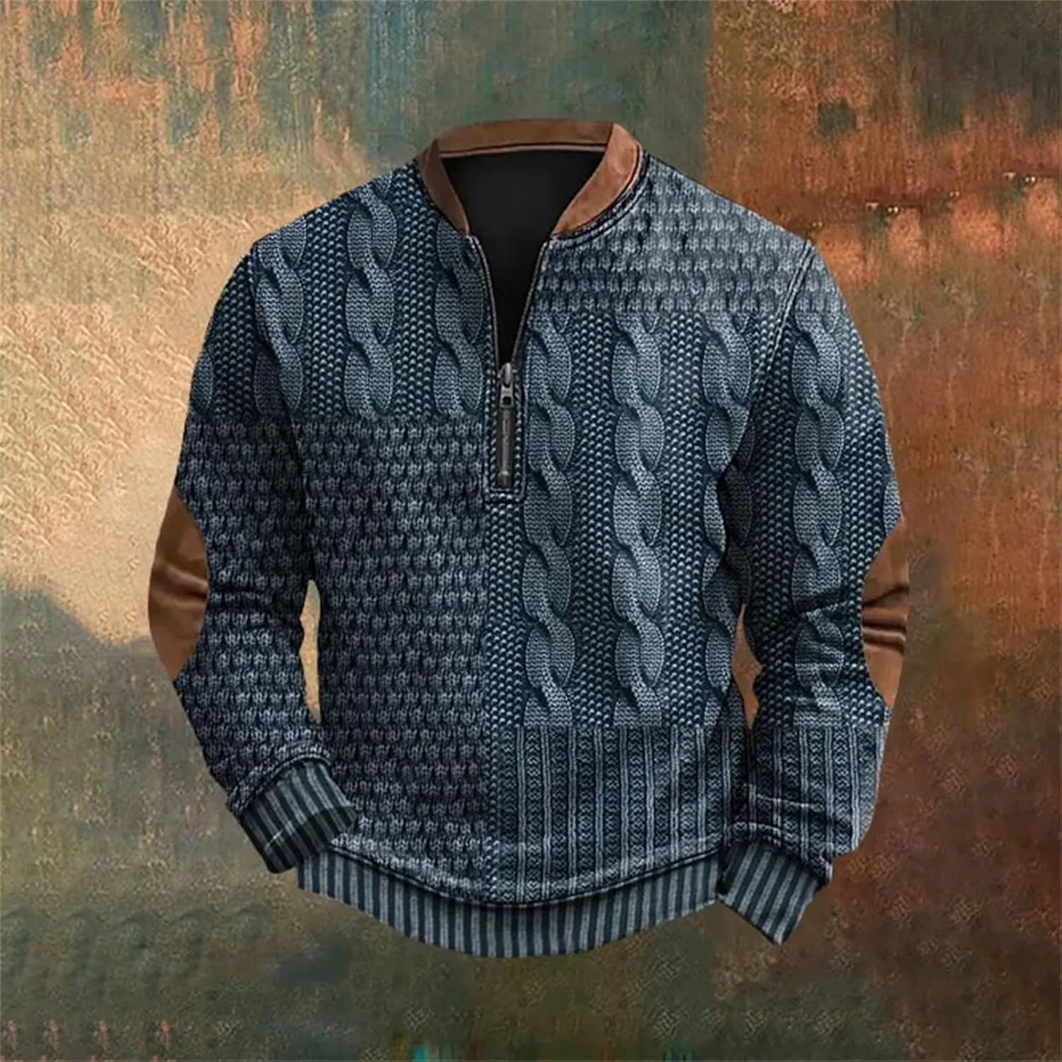 Mens Quarter Zip Sweatshirt Vintage Knit Print Graphic Sweatshirt Stand Collar Pullover Sweater Fall Winter Clothing
