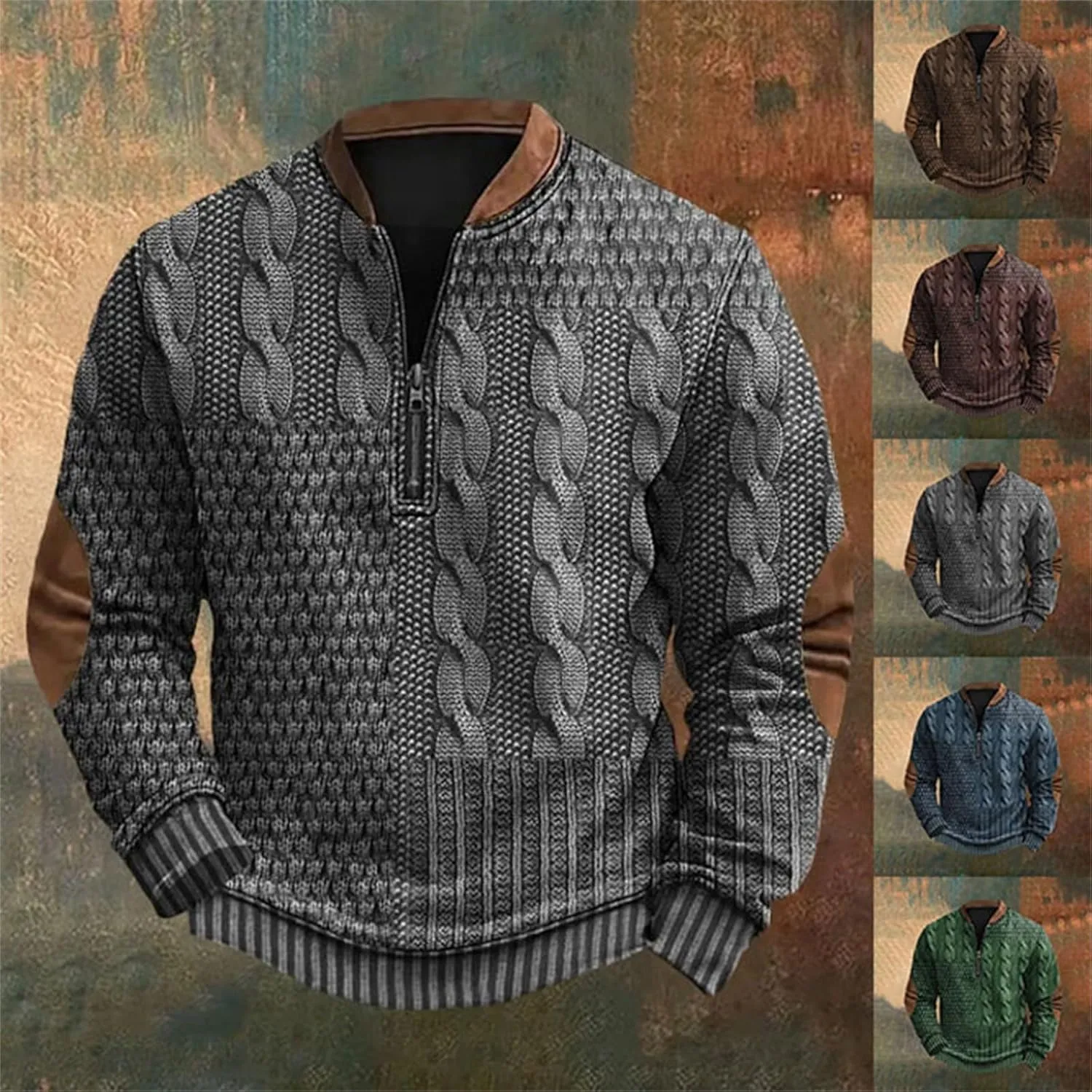 Mens Quarter Zip Sweatshirt Vintage Knit Print Graphic Sweatshirt Stand Collar Pullover Sweater Fall Winter Clothing
