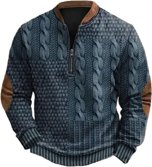 Mens Quarter Zip Sweatshirt Vintage Knit Print Graphic Sweatshirt Stand Collar Pullover Sweater Fall Winter Clothing