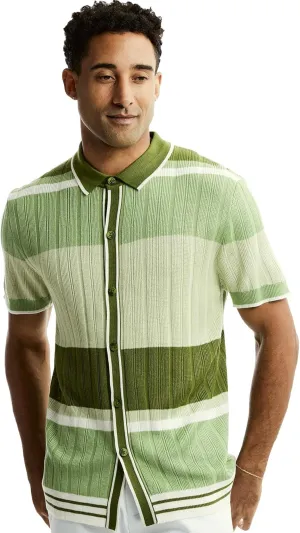 Men’s Short Sleeve Collar Knit Sports Shirt – Chevron Stripe and Color Blocked Horizontal Pattern