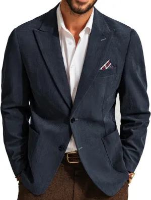 Men's Vintage Blazer Corduroy Suit Jacket Casual Business Regular Fit Sport Coats for Party Navy Blue
