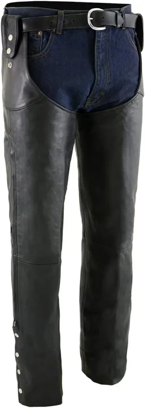 Milwaukee Leather Chaps for Men's Black Leather Belt Less- Adjustable Side Snap Loop Motorcycle Riders Chap- SH1198