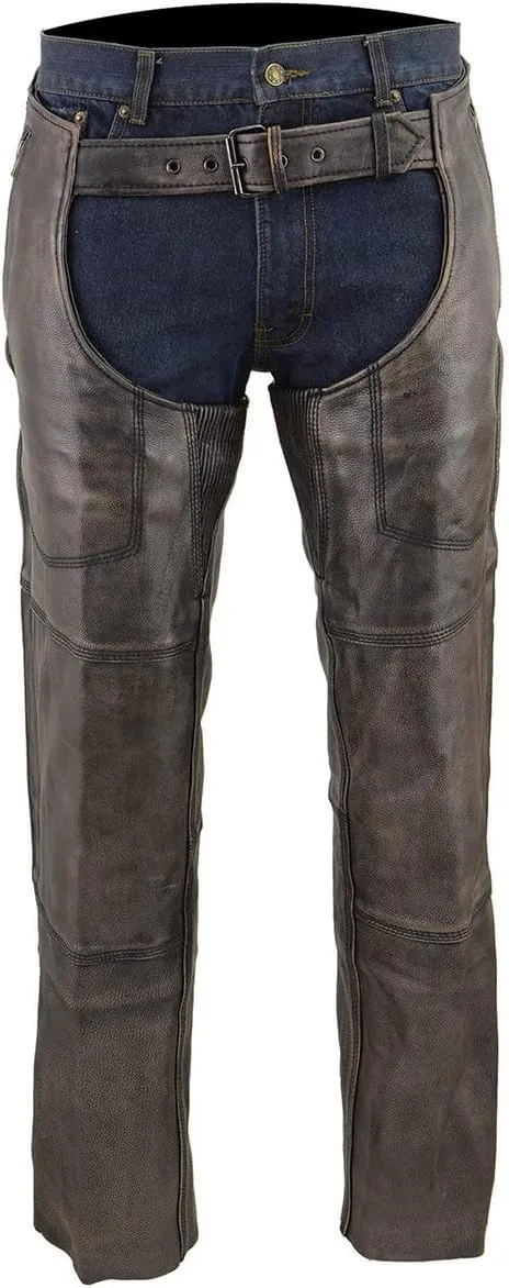 Milwaukee Leather Chaps for Men's Distressed Brown Leather Snap Out Thermal Lined 4-Pockets Motorcycle Chap MLM5500