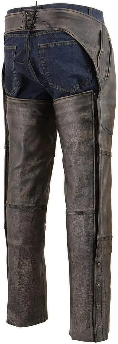 Milwaukee Leather Chaps for Men's Distressed Brown Leather Snap Out Thermal Lined 4-Pockets Motorcycle Chap MLM5500