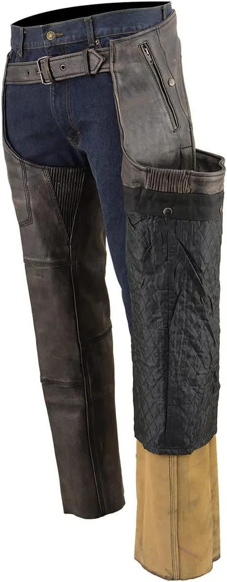 Milwaukee Leather Chaps for Men's Distressed Brown Leather Snap Out Thermal Lined 4-Pockets Motorcycle Chap MLM5500