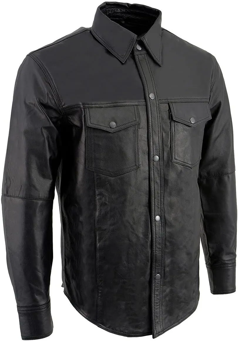 Milwaukee Leather LKM1600 Men's Black Lightweight Casual Biker Style Leather Shirt