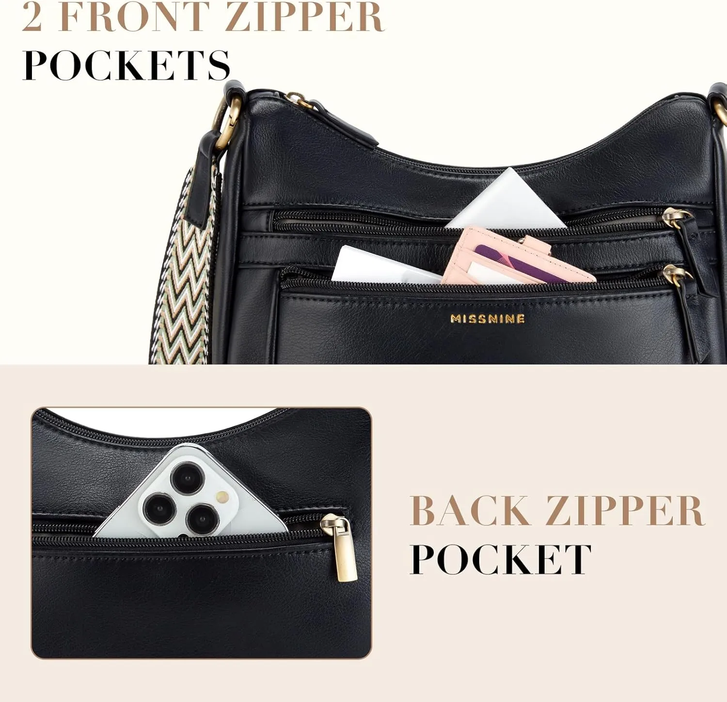 Missnine Crossbody Bags for Women, Medium Size Purses With Wide Shoulder Strap, Leather Trendy Cross Body Shoulder Handbags
