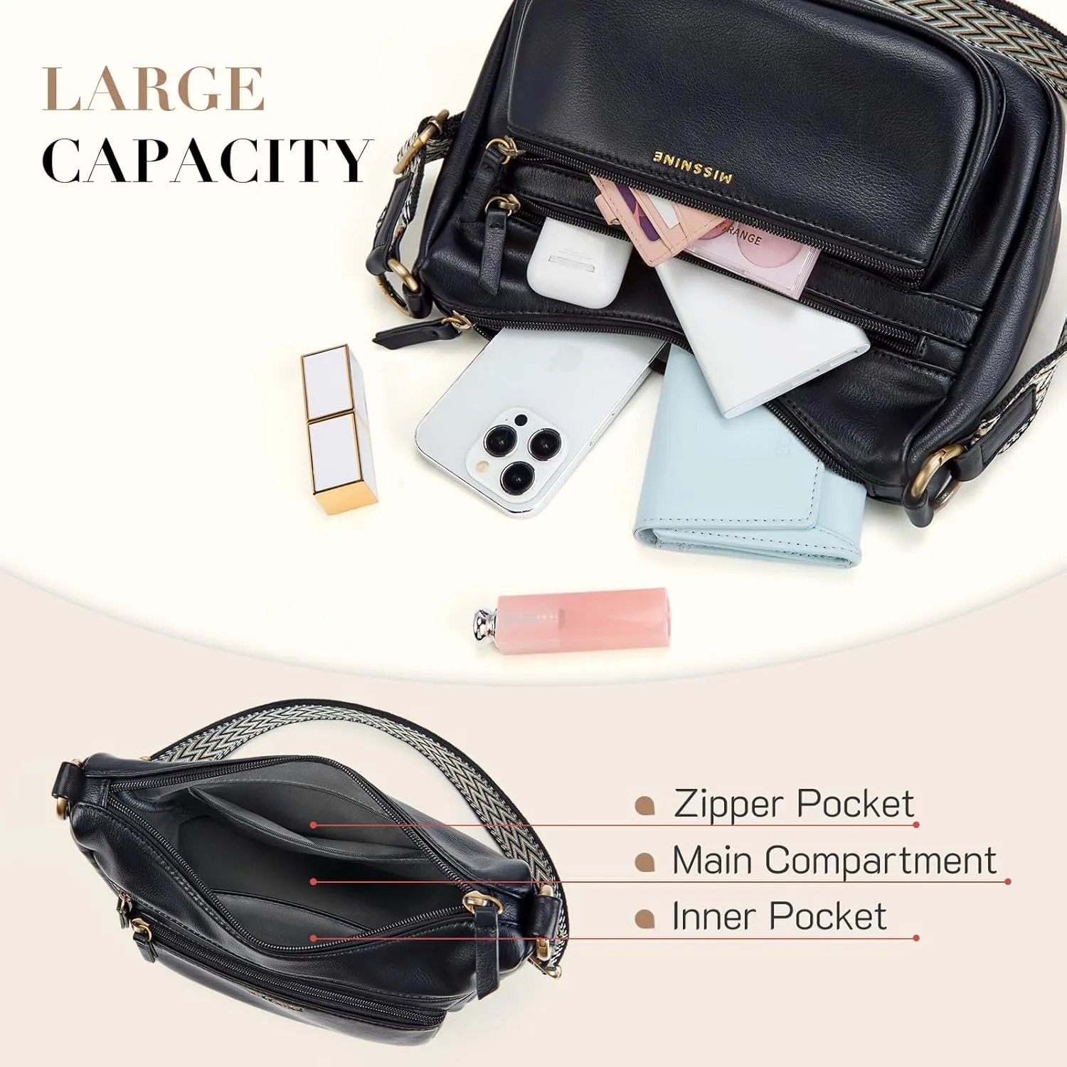 Missnine Crossbody Bags for Women, Medium Size Purses With Wide Shoulder Strap, Leather Trendy Cross Body Shoulder Handbags