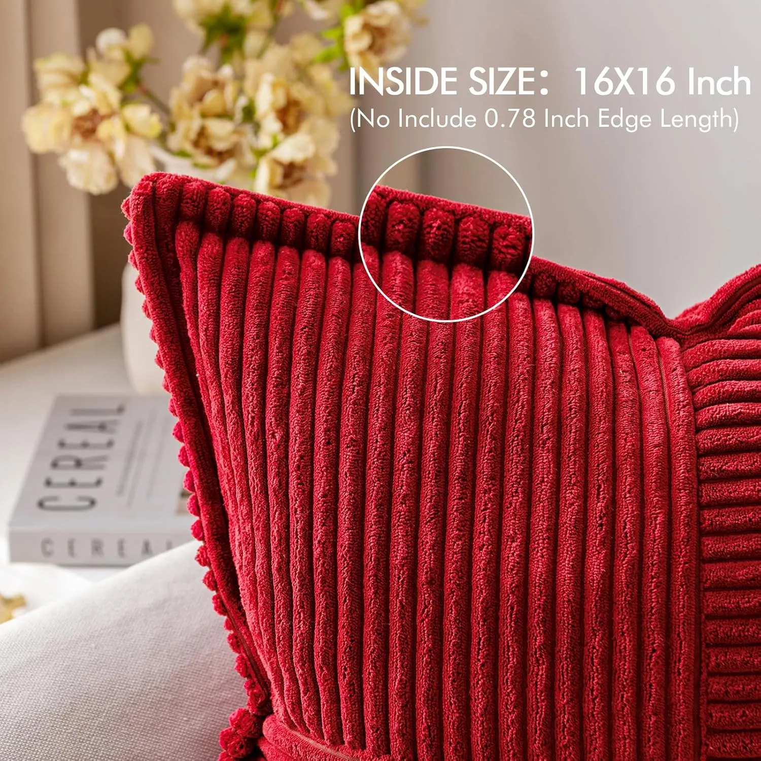 MIULEE Boho Decorative Pillow Covers for Couch Bed Sofa Farmhouse Home Decor 16x16 inch Set of 2 Red Throw Pillow Broadside Soft Corduroy Pillowcase with Splicing Cushion Livingroom