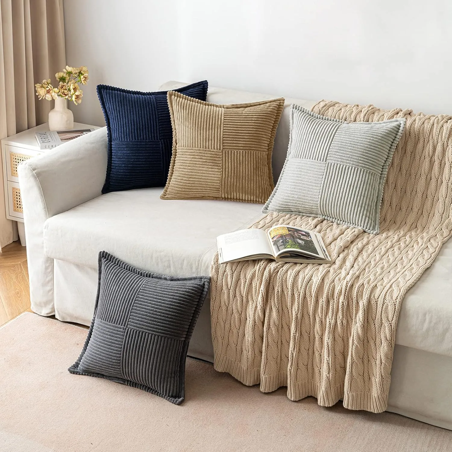MIULEE Corduroy Pillow Covers with Splicing Set of 2 Super Soft Couch Pillow Covers Broadside Striped Decorative Textured Throw Pillows for Cushion Bed Livingroom 18 x 18 inch, Khaki