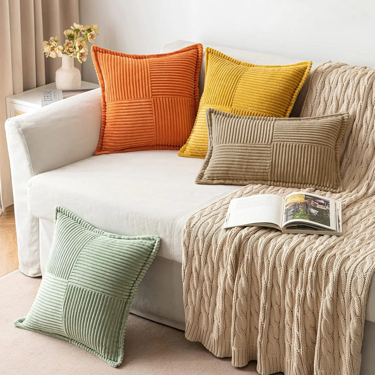 MIULEE Corduroy Pillow Covers with Splicing Set of 2 Super Soft Couch Pillow Covers Broadside Striped Decorative Textured Throw Pillows for Cushion Bed Livingroom 18 x 18 inch, Khaki