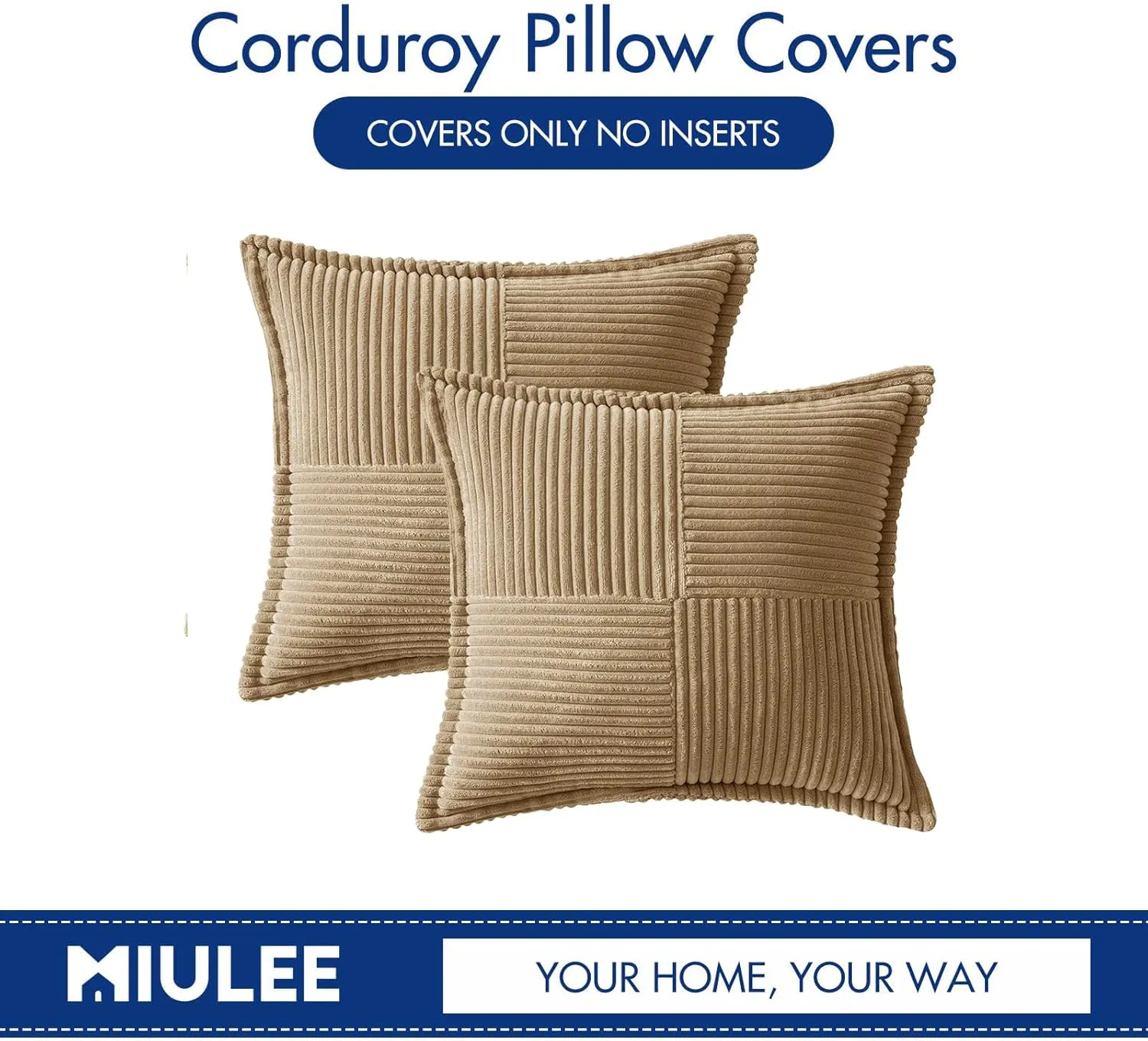 MIULEE Corduroy Pillow Covers with Splicing Set of 2 Super Soft Couch Pillow Covers Broadside Striped Decorative Textured Throw Pillows for Cushion Bed Livingroom 18 x 18 inch, Khaki