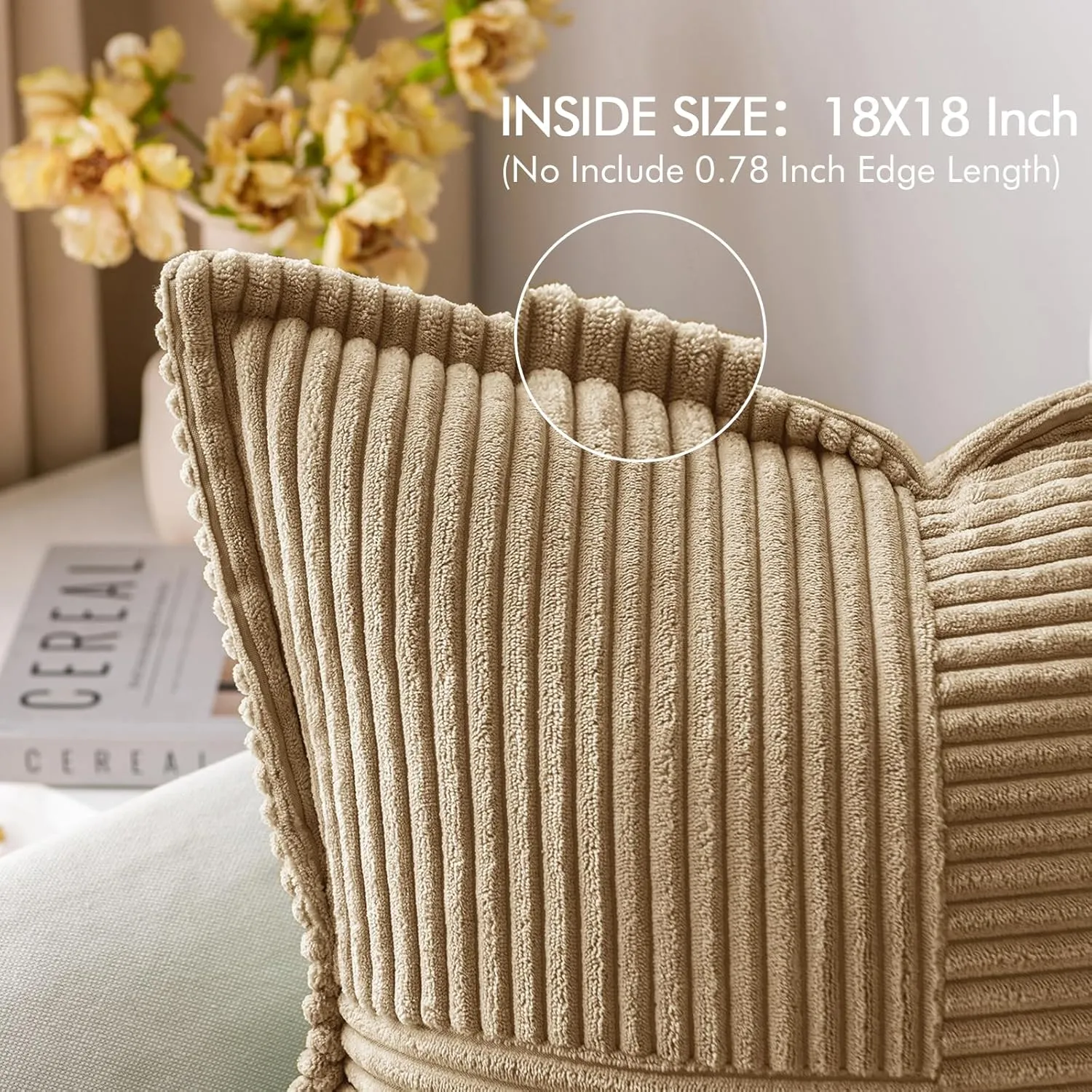 MIULEE Corduroy Pillow Covers with Splicing Set of 2 Super Soft Couch Pillow Covers Broadside Striped Decorative Textured Throw Pillows for Cushion Bed Livingroom 18 x 18 inch, Khaki