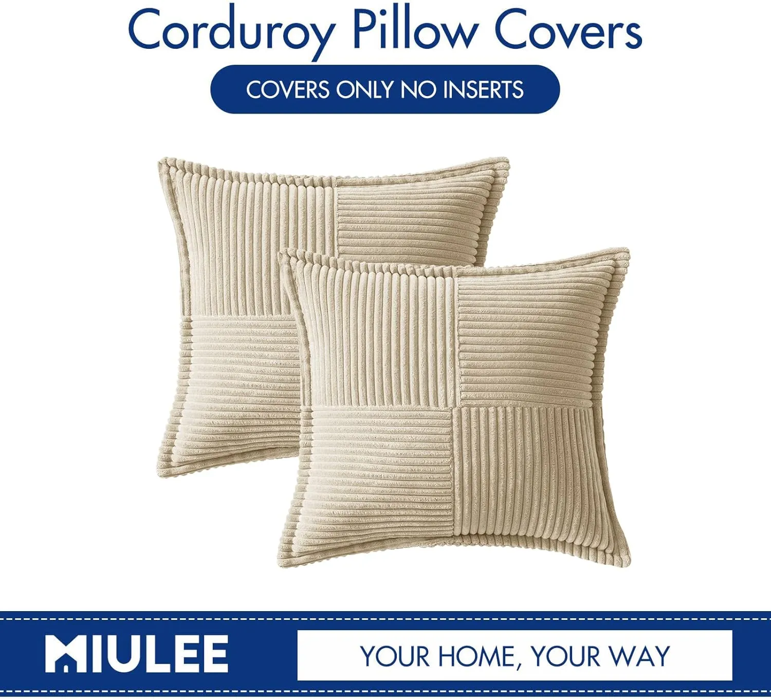 MIULEE Cream Corduroy Pillow Covers with Splicing Set of 2 Super Soft Couch Pillow Covers Broadside Striped Decorative Textured Throw Pillows for Spring Cushion Bed Livingroom 18x18 inch