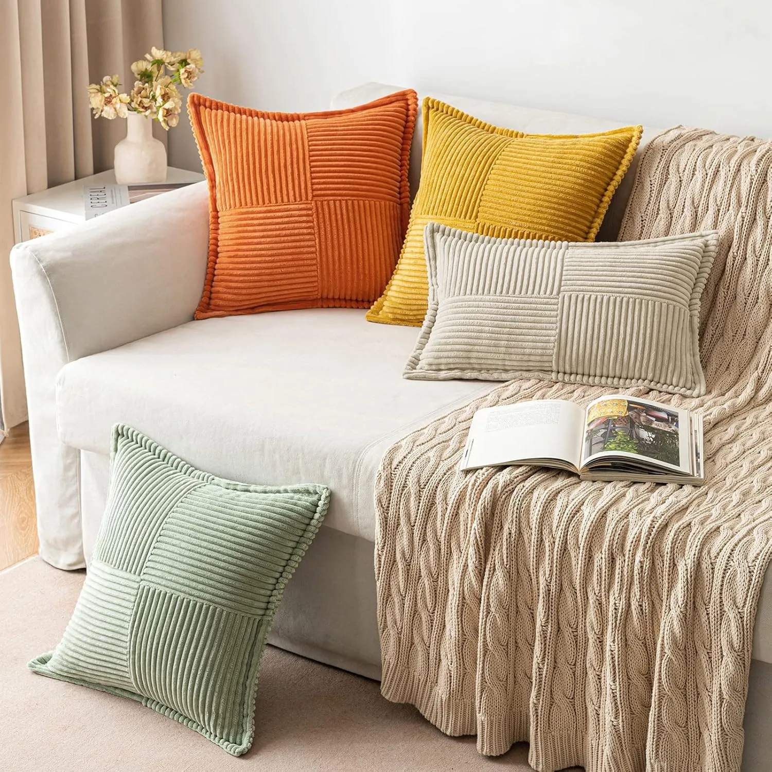 MIULEE Cream Corduroy Pillow Covers with Splicing Set of 2 Super Soft Couch Pillow Covers Broadside Striped Decorative Textured Throw Pillows for Spring Cushion Bed Livingroom 18x18 inch
