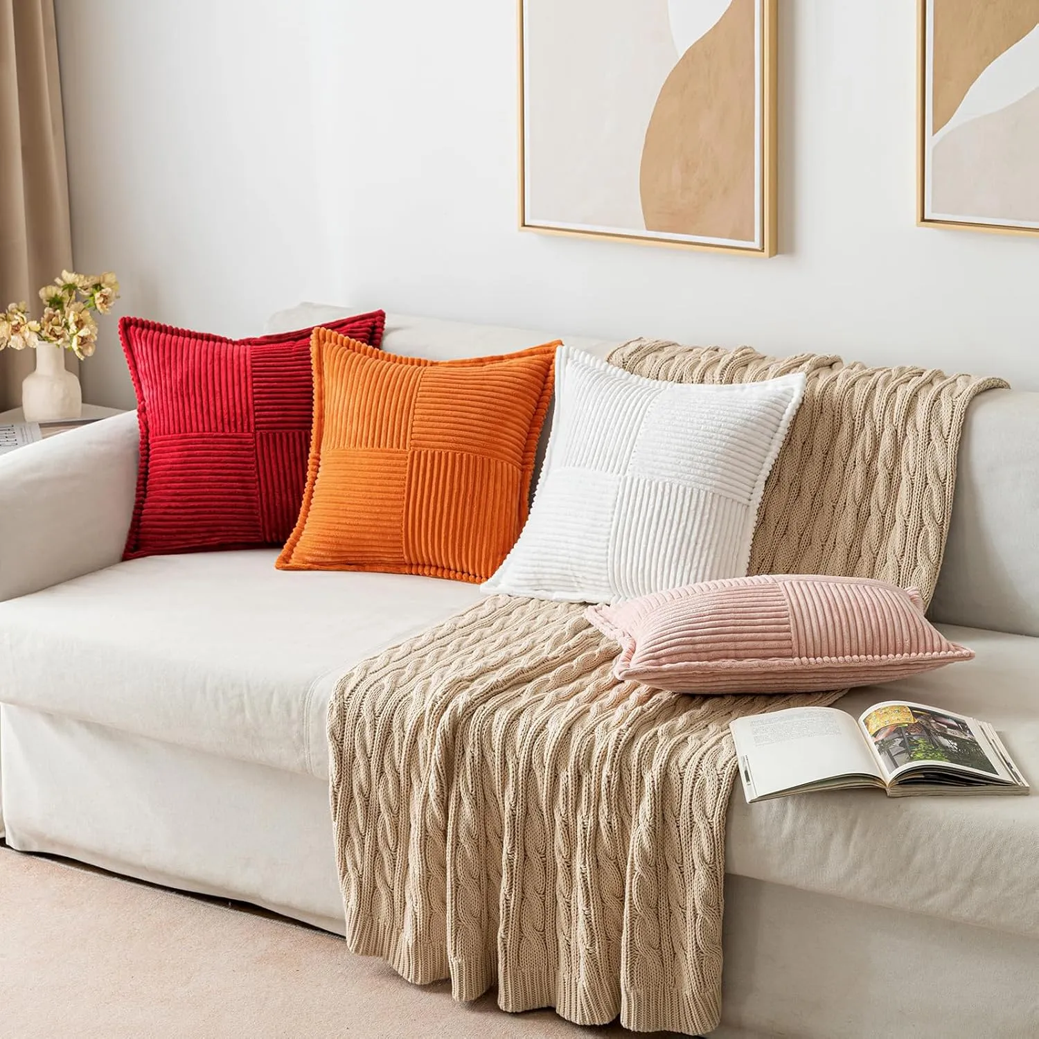 MIULEE Red Corduroy Pillow Covers with Splicing Set of 2 Super Soft Boho Striped Pillow Covers Broadside Decorative Textured Throw Pillows for Couch Cushion Livingroom 18x18 inch