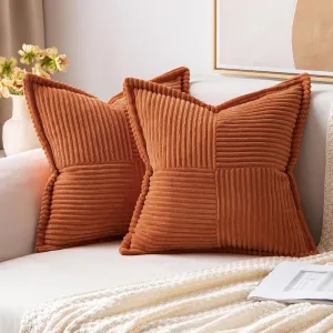 MIULEE Rust Pillow Covers 18x18 Inch with Splicing Set of 2 Super Soft Boho Striped Fall Pillow Covers Corduroy Broadside Decorative Textured Throw Pillows for Couch Cushion Livingroom