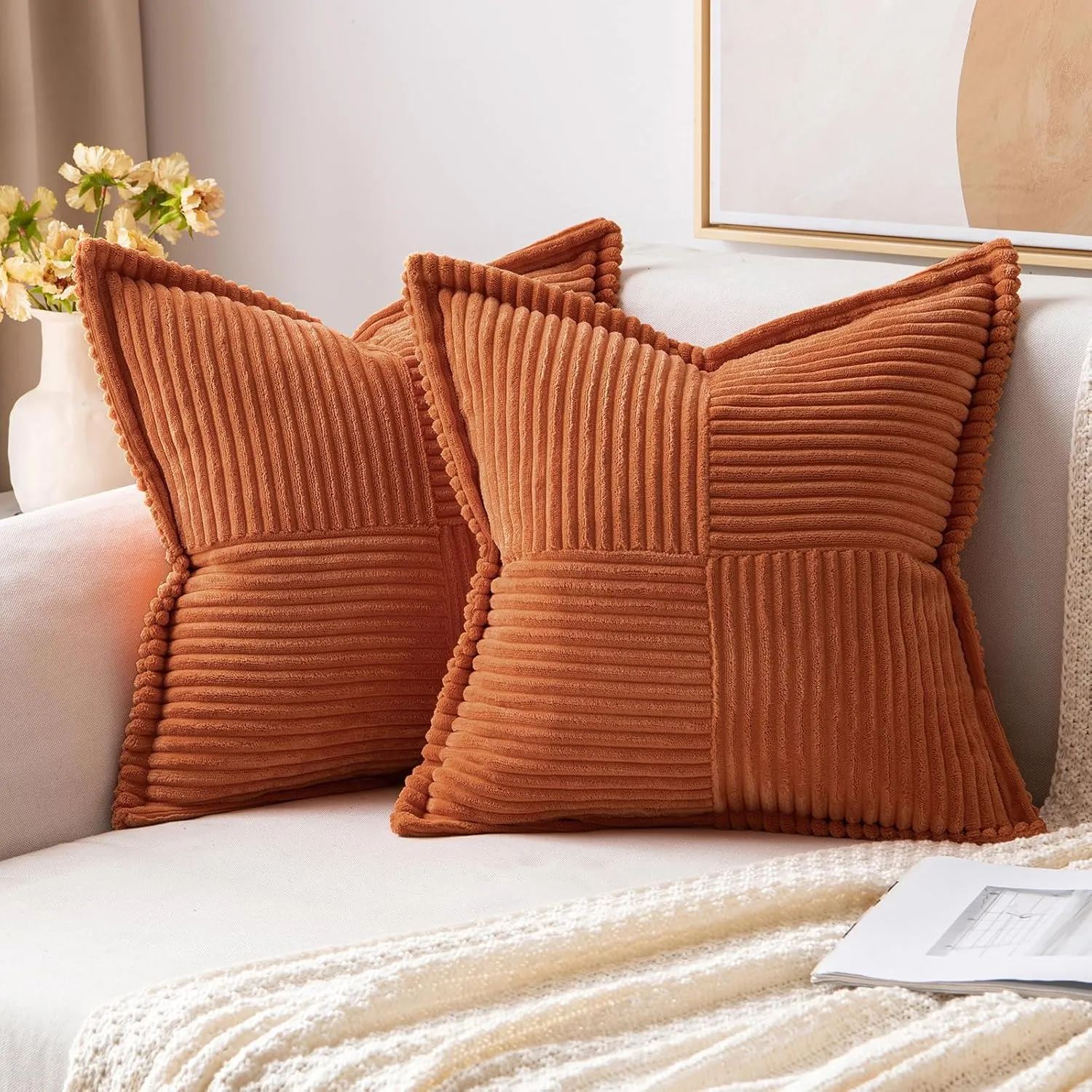 MIULEE Rust Pillow Covers 18x18 Inch with Splicing Set of 2 Super Soft Boho Striped Fall Pillow Covers Corduroy Broadside Decorative Textured Throw Pillows for Couch Cushion Livingroom