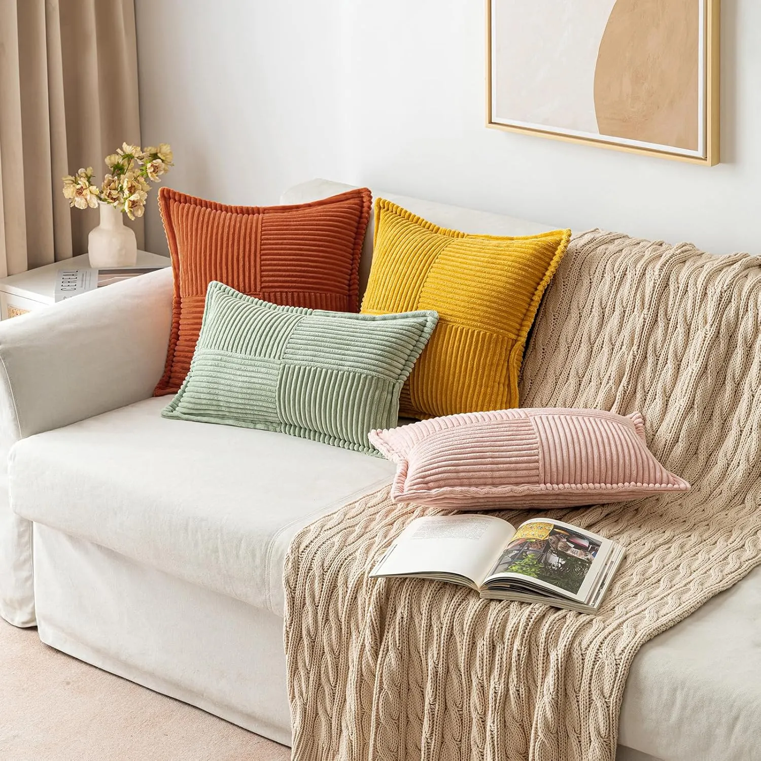 MIULEE Rust Pillow Covers 18x18 Inch with Splicing Set of 2 Super Soft Boho Striped Fall Pillow Covers Corduroy Broadside Decorative Textured Throw Pillows for Couch Cushion Livingroom