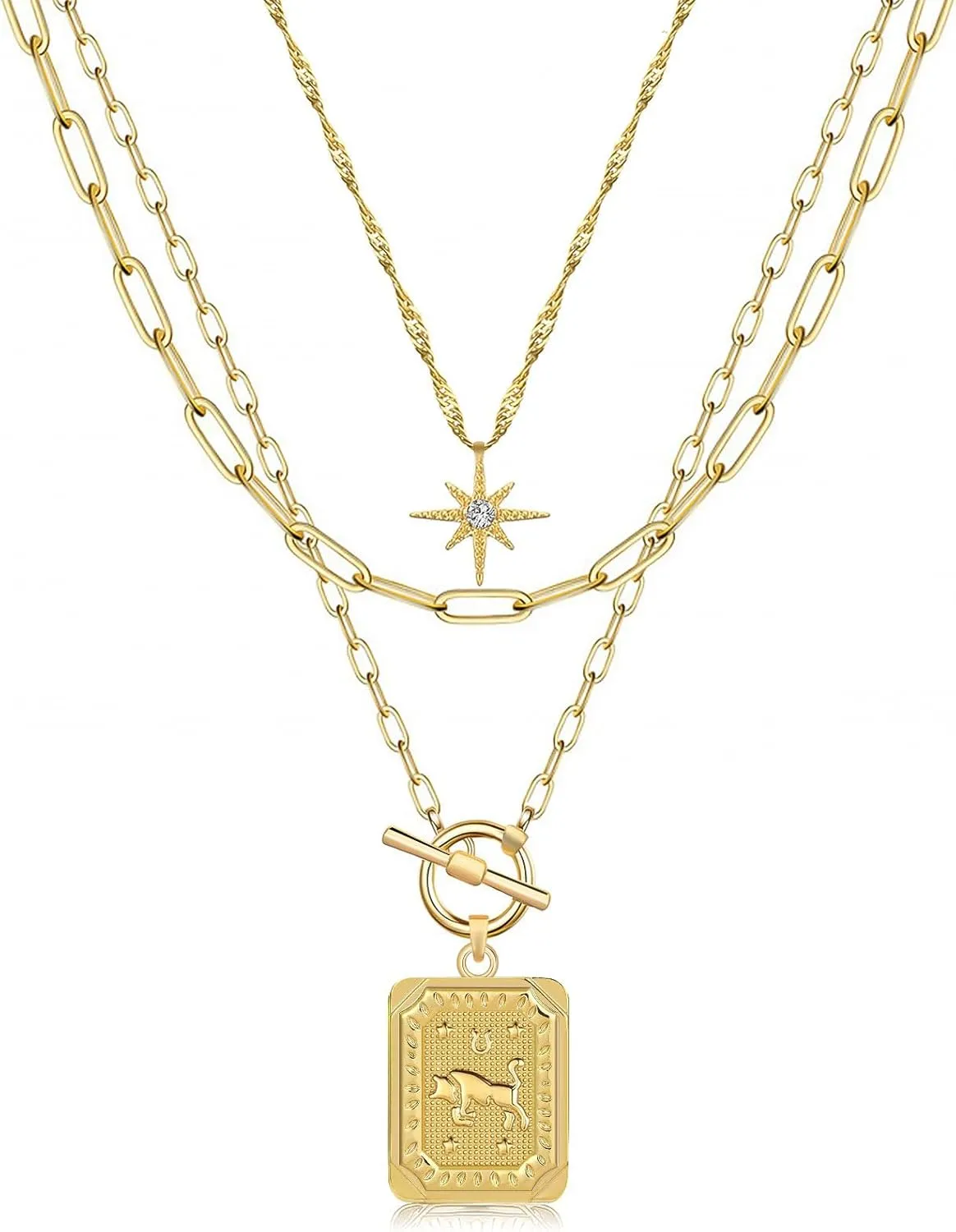 MJartoria Layered Necklaces for Women Trendy, 14K Gold Plated Simple Star Choker Square Flower Pendant Necklace, Paperclip Chain Necklace, Gold Necklaces Jewelry Gifts