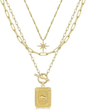 MJartoria Layered Necklaces for Women Trendy, 14K Gold Plated Simple Star Choker Square Flower Pendant Necklace, Paperclip Chain Necklace, Gold Necklaces Jewelry Gifts