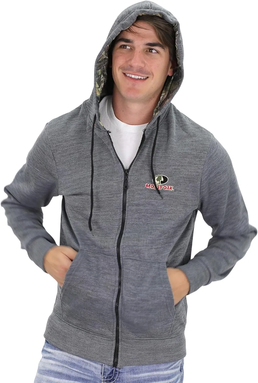Mossy Oak Men's Marled Full Zip Fleece Lined Hoodie Sweatshirt with Embroidered Chest Logo