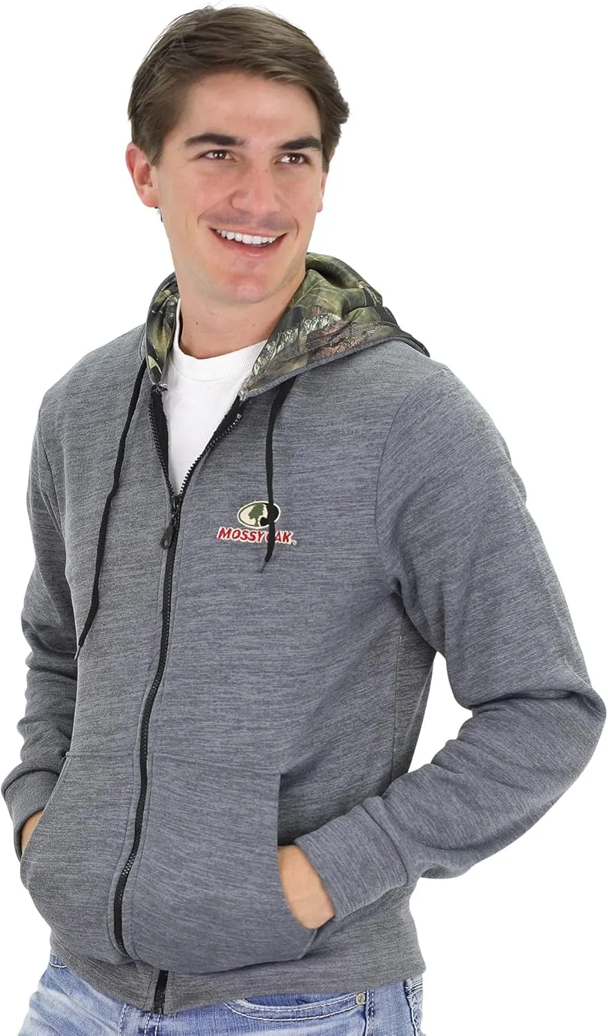 Mossy Oak Men's Marled Full Zip Fleece Lined Hoodie Sweatshirt with Embroidered Chest Logo