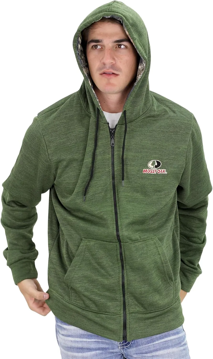 Mossy Oak Men's Marled Full Zip Fleece Lined Hoodie Sweatshirt with Embroidered Chest Logo